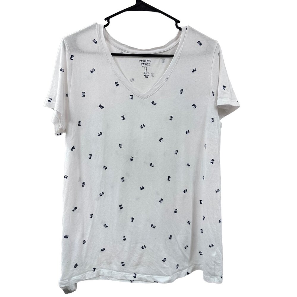 🍒 2/$20 🍒 Gap White V-Neck T-Shirt With Camera Print Design XL